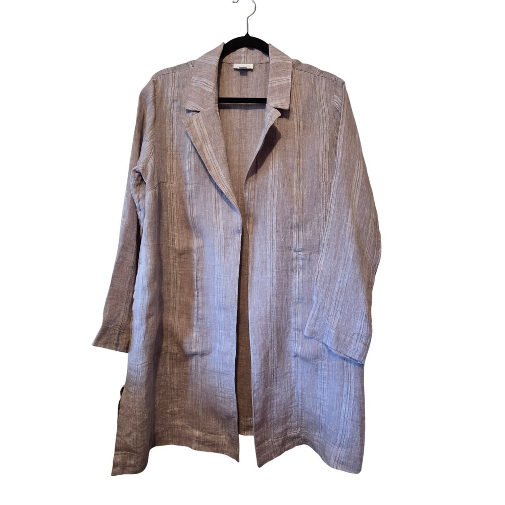 Pure Jill Linen Striped Open Jacket Womens M Petite Brown Lagenlook Minimalist